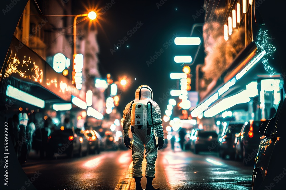 Astronaut standing at the city street in the night. Blurred motion around, long exposure style. Generative art Astronaut standing at the city street in the night. Blurred motion around, long exposure style. Generative art