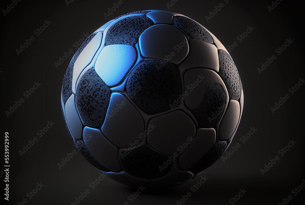 Illustration of a blue lit, black and white soccer ball on a black backdrop. excellent quality. Generative AI
