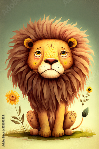 Yellow Flower Lion Illustration. Generative AI