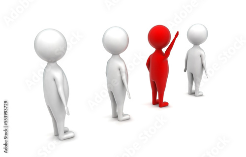 3d red coloured man raising hands up in a que concept