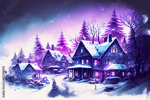 Christmas village with snow. Winter village landscape. Christmas holidays. Snow-covered town. Generative ai illustration