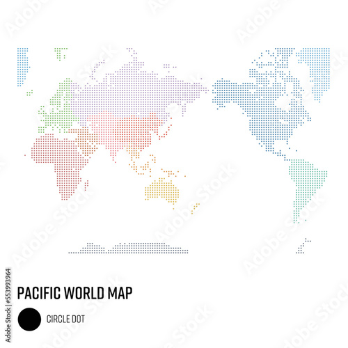 世界地図ドット粗め 太平洋を中心とした世界 地域別にグループ