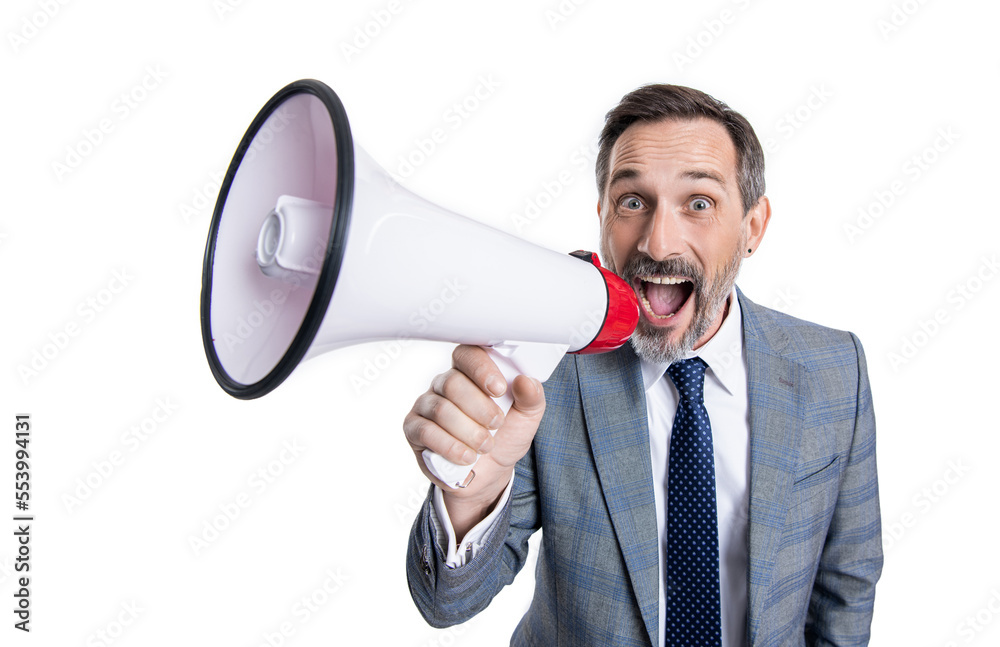 business man yell in megaphone at studio with selective focus. photo of business man yell business man yell in megaphone at studio with selective focus. photo of business man yell