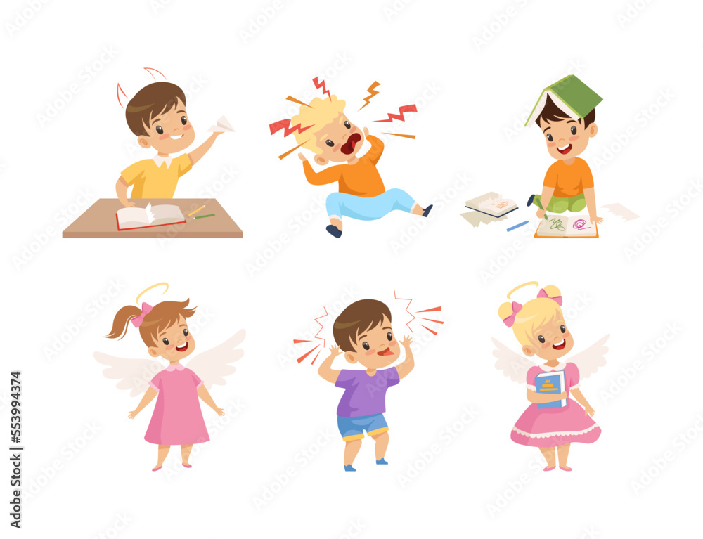 Naughty and Obedient Little Boy and Girl Doing Mischief and with Good Upbringing Vector Set Naughty and Obedient Little Boy and Girl Doing Mischief and with Good Upbringing Vector Set