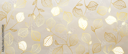 Luxurious art botanical background with branches and leaves in gold color and marble texture. For wall decoration or wedding. Hand drawn graphic, elegant leaves for fabric, invitation, decor.