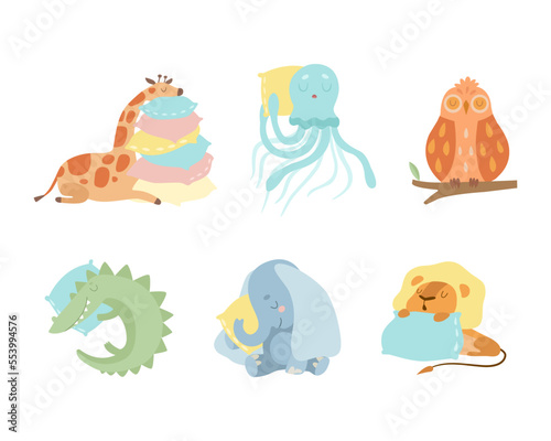 Cute Sleeping Animals Lying on Pillow Having Bedtime Rest Vector Set