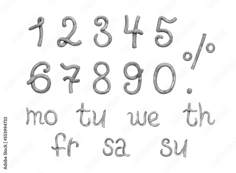 Numbers from 0 to 9 and percent sign, days of the week, silver plasticine clay on white background, cute dough shape Numbers from 0 to 9 and percent sign, days of the week, silver plasticine clay on white background, cute dough shape