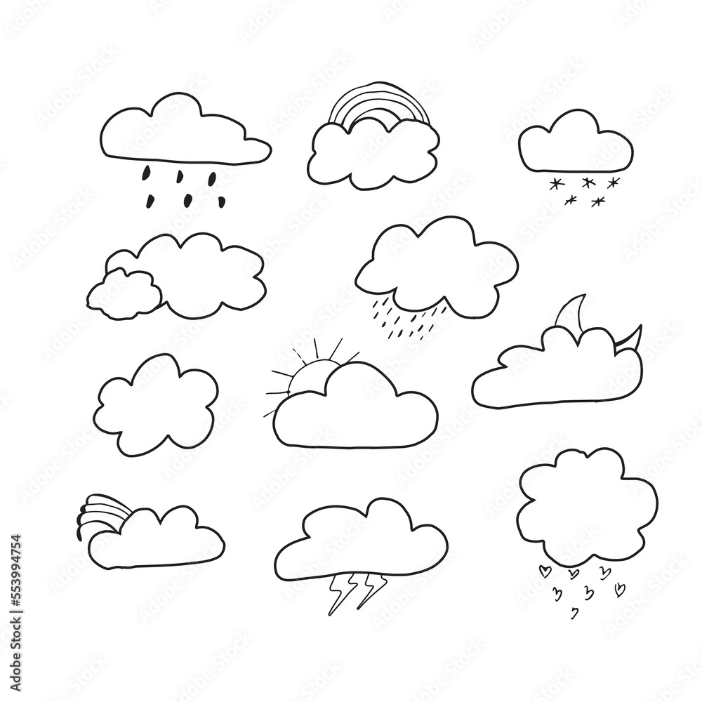 black Cloud icon set doodle. Vector flat design. Collection of cloud for use in as logo or weather icon.