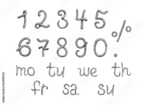 Numbers from 0 to 9 and percent sign, days of the week, silver plasticine clay on white background, cute dough shape