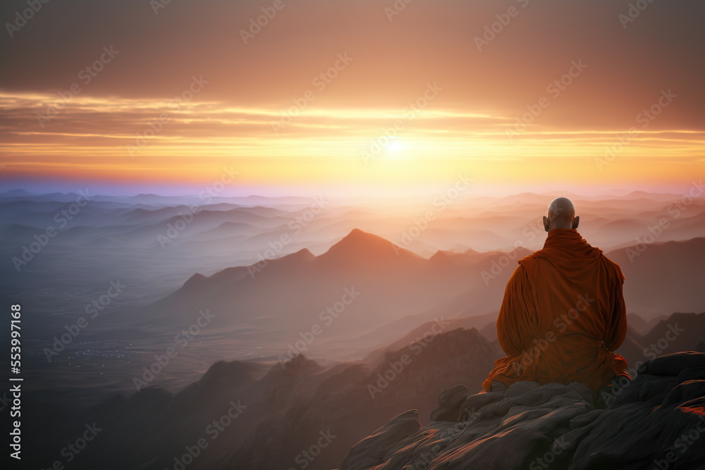 Buddhist monk meditating on mountain top at sunset ,  Generative AI illustration