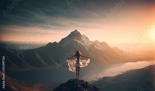 Beautiful painting of attractive woman standing free on top of mountain, Generative AI illustration
