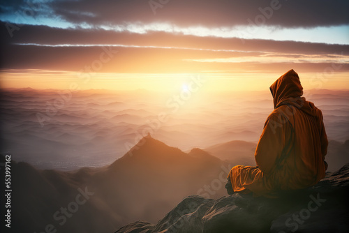 Meditation an peace with buddhist monk standing in lotus position on top of mountain, Ai generative illustration