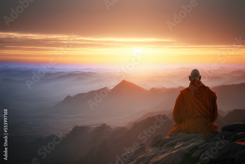 Buddhist monk meditating on mountain top at sunset ,  Generative AI illustration