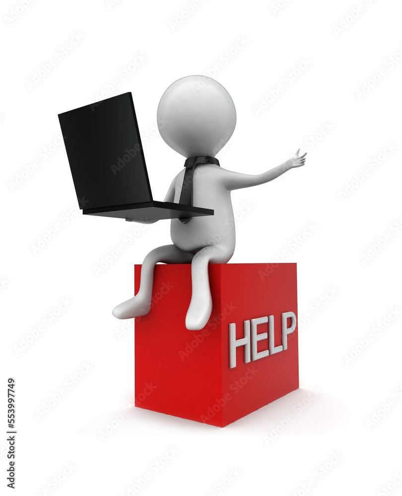 3d man working on laptop while sitting on red help box concept 3d man working on laptop while sitting on red help box concept