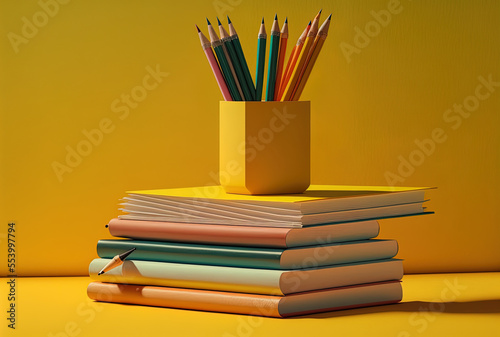 Yellow backdrop with stack of books, pencils, and paper in various colors. Studying the topic now. Generative AI