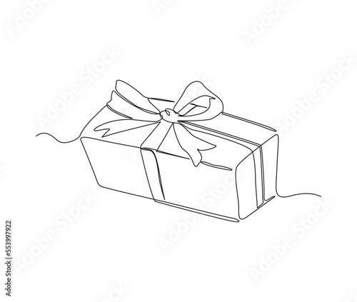 Continuous one line drawing of present box or gift box. Presents cardboard box with ribbon single line art vector design. Holiday, birthday , new year and thanksgiving concept.