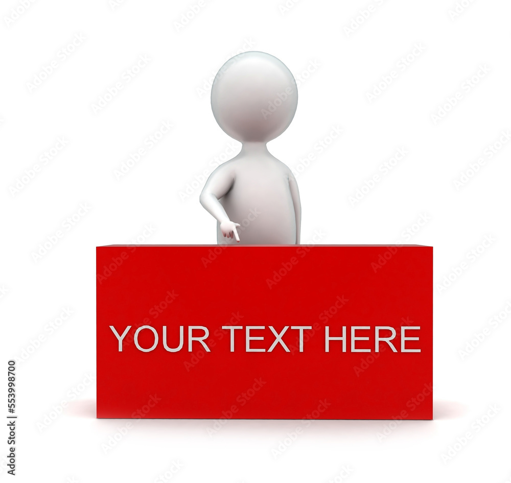 3d man pointing his hands towards a red copy space box concept