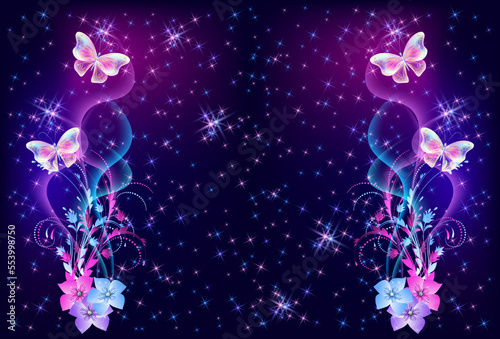 Fantasy fabulous butterflies with mystical flowers ornament and sparkle glowing stars
