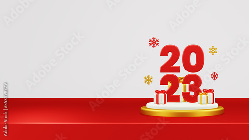 Happy New Year 3D Rendering Composition With Gift And New Year Ornament For Event Promotion, Sale, Social Media And Landing Page