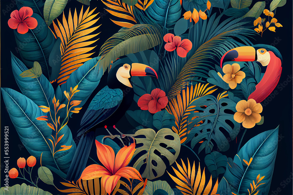 tropical pattern with jungle vegetation and exotic fauna in bright colors - obrazy, fototapety, plakaty 