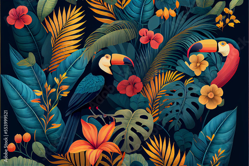 tropical pattern with jungle vegetation and exotic fauna in bright colors