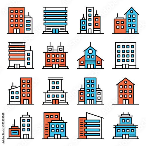 Company Buildings Icons Set on White Background. Vector