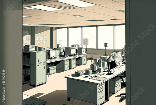 A side view of a contemporary  vacant workplace. cartoonish inside of a workplace. Generative AI