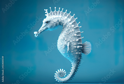 Illustration of a white seahorse on a blue backdrop. Generative AI photo