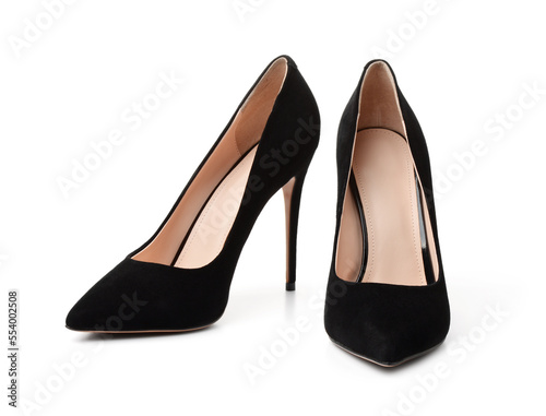Pair of black suede high heel shoes