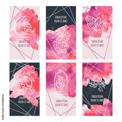 STORIES CELESTIAL Abstract Template Banners Concept For Social Media Red And Black Watercolor With Mystic Elements And Text Internet Website Design Collection