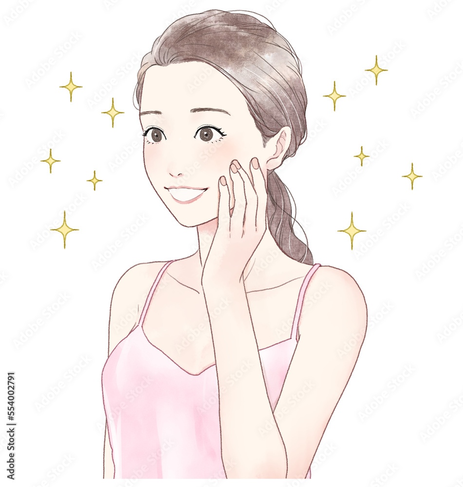 Illustration of a smiling woman touching her cheek. Illustration of a smiling woman touching her cheek.