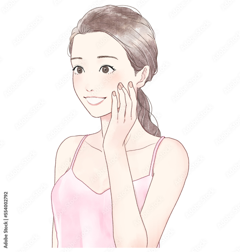 Illustration of a smiling woman touching her cheek. Illustration of a smiling woman touching her cheek.