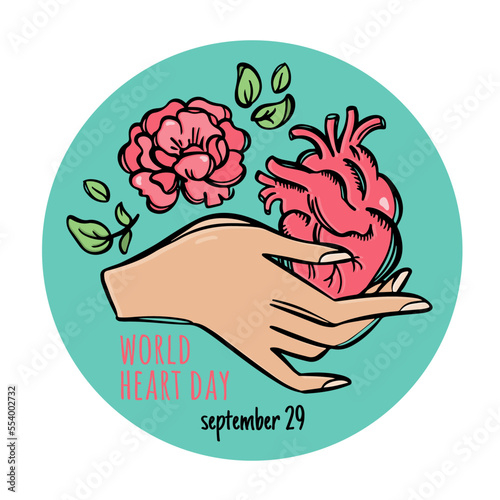 WORLD HEART DAY CONCEPT Medicine Care Human Health Holiday Poster Heart In Hand And Flower With Leaves And Text In Light Green Circle On White Background Vector