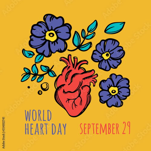 WORLD HEART DAY Medicine Careful Human Health Holiday Poster Heart In Flowers With Leaves And Text On Orange Background Vector Illustration 21 September photo