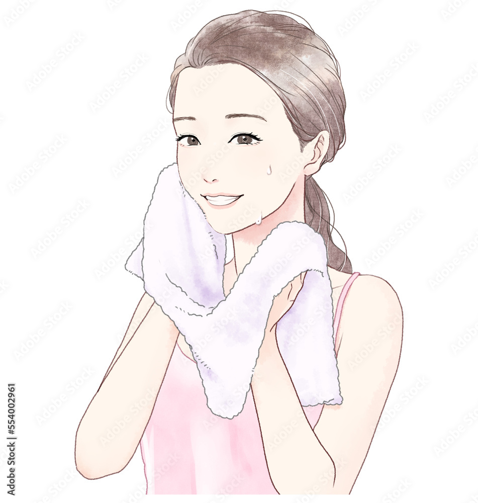 Illustration of a woman wiping her face with a face towel. Illustration of a woman wiping her face with a face towel.