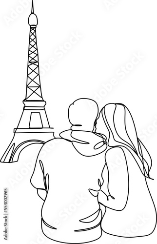 Eiffel line illustration, valentine and holiday, france sign, vector graphics, a linear on a white background, Paris and love couple