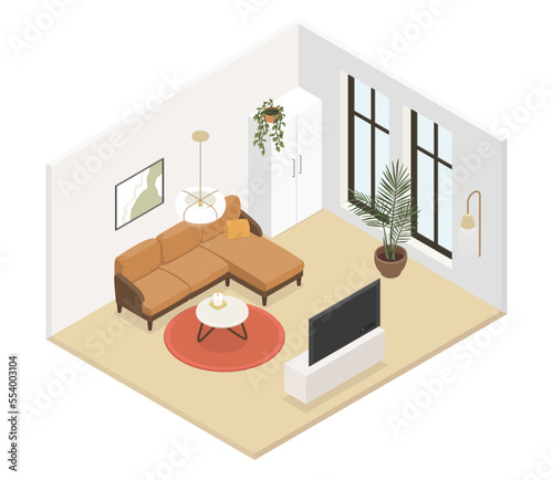 Minimalist living room - modern vector colorful isometric illustration