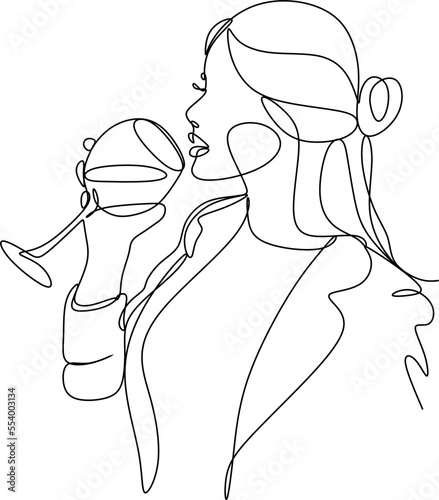 Girl drinks wine or champagne from a glass. Linear silhouette of a woman with a glass goblet. Drawing in one continuous line. Linear glamour logo in minimal for wine label.
