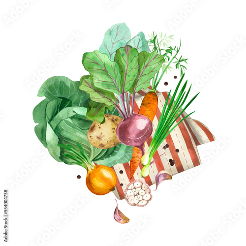 Cooking. Composition of vegetables, cabbage, carrots, green onions, beets, garlic and a striped red and white napkin. All elements are hand painted in watercolor. For printing, fabric, tableware. photo