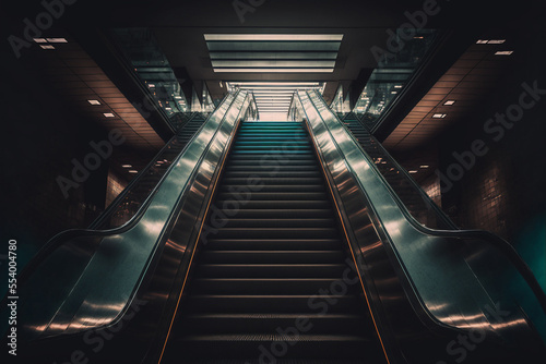 modern architecture interior escalator, front view. Generated AI