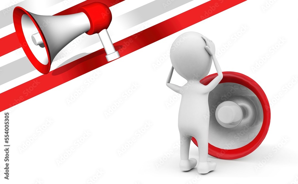 3d man loud noise coming from loud speaker concept 3d man loud noise coming from loud speaker concept