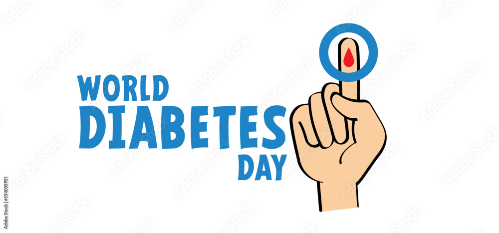 Cartoon hand with blood drop. World diabetes day. Human hands and lifted up index. Finger and drops of blood. November 14, global awareness campaign focusing on diabetes. Blue ribbon. Cartoon hand with blood drop. World diabetes day. Human hands and lifted up index. Finger and drops of blood. November 14, global awareness campaign focusing on diabetes. Blue ribbon.