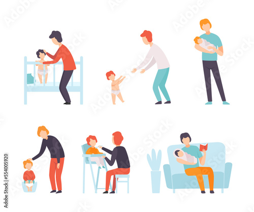 Man Dad Nursing Little Kid Engaged in Parenting Vector Set
