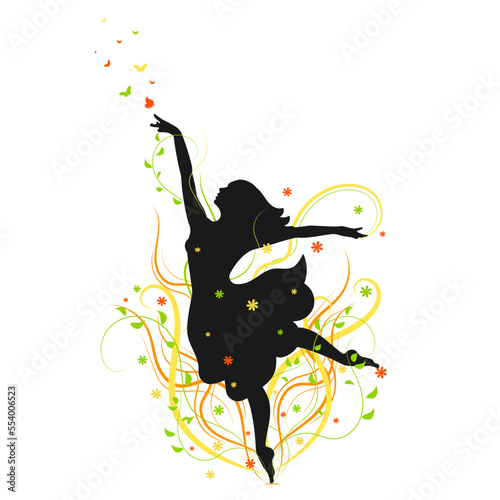 Silhouette of girl with flowers and butterfly