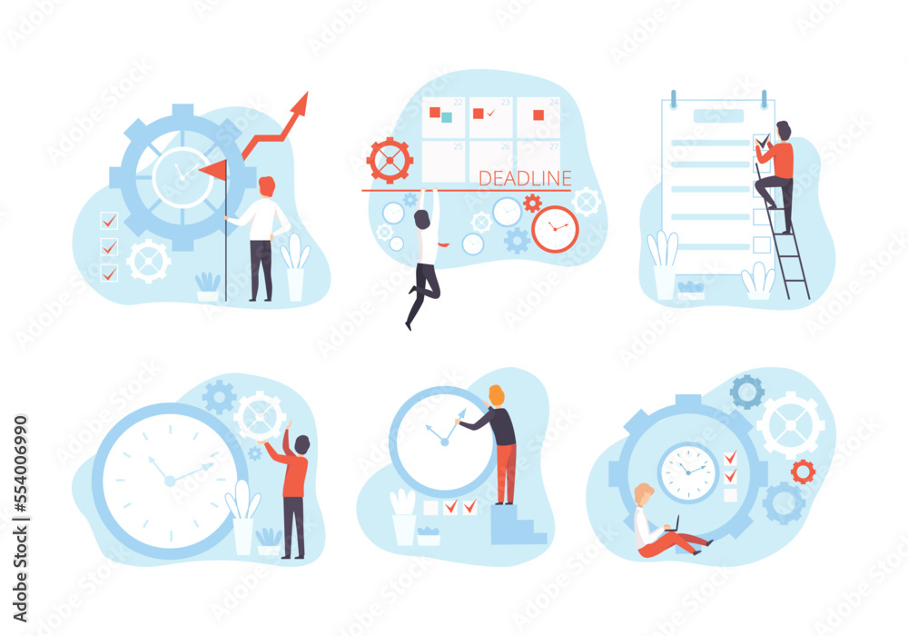 Effective Time Management with Man Organizing Time on Clock and Calendar Vector Set