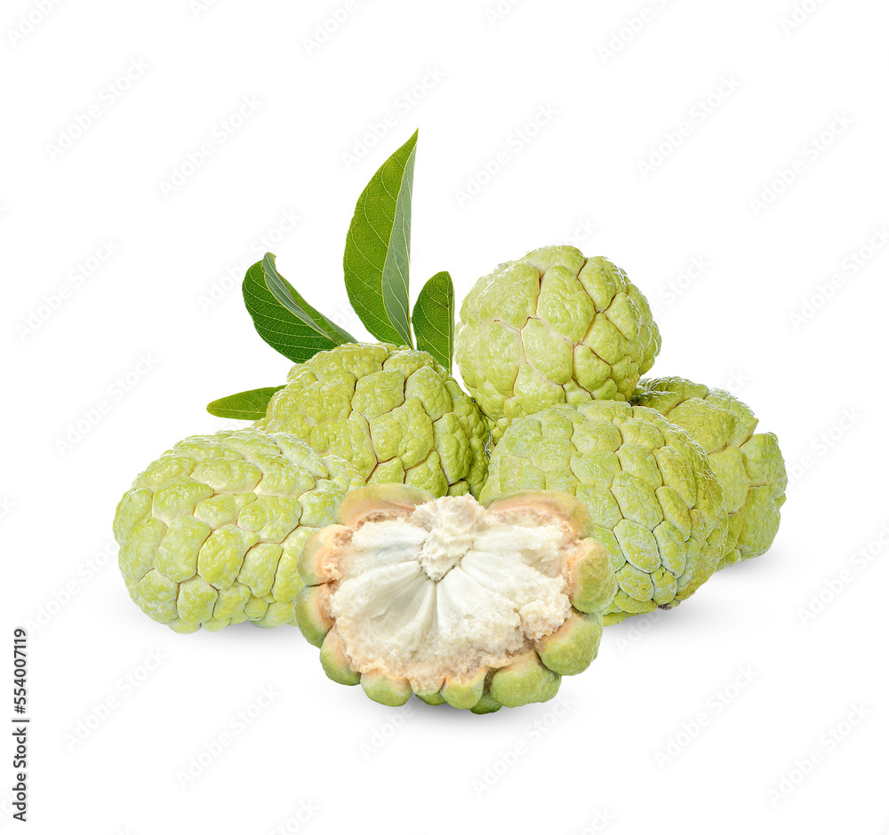 Fototapeta premium custard apple with leaves isolated on transparent background (.PNG)