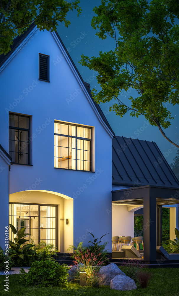 3d rendering of cute cozy white and black modern Tudor style house with parking and pool for sale or rent with beautiful landscaping. Fairy roofs. Clear summer night with many stars on the sky. 3d rendering of cute cozy white and black modern Tudor style house with parking and pool for sale or rent with beautiful landscaping. Fairy roofs. Clear summer night with many stars on the sky.