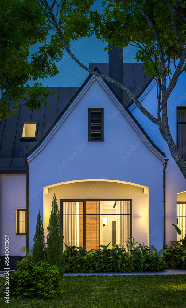 3d rendering of cute cozy white and black modern Tudor style house with parking  and pool for sale or rent with beautiful landscaping. Fairy roofs. Clear summer night with many stars on the sky.