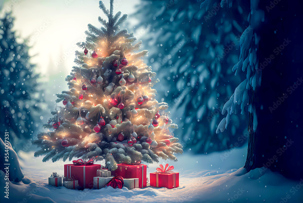 A Christmas tree with gifts and festive decorations in a snowy landscape winter background. A Happy New Year and Christmas Wallpaper. A Generative AI Illustration.
