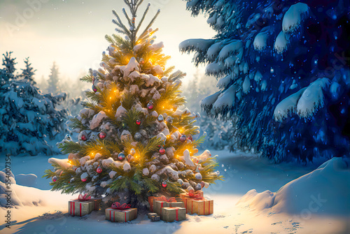 A Christmas tree with gifts and festive decorations in a snowy landscape winter background. A Happy New Year and Christmas Wallpaper. A Generative AI Illustration.
